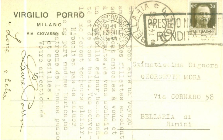 1936 MILANO Virgilio PORRO Cartolina commerciale intestata FP VG