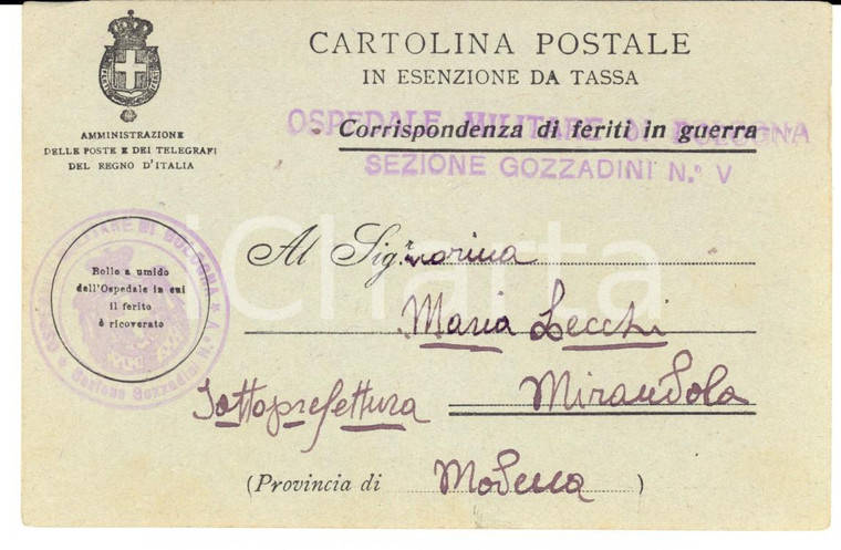 1918 WWI BOLOGNA Ospedale Militare Sezione GOZZADINI - Cartolina a Maria LECCHI