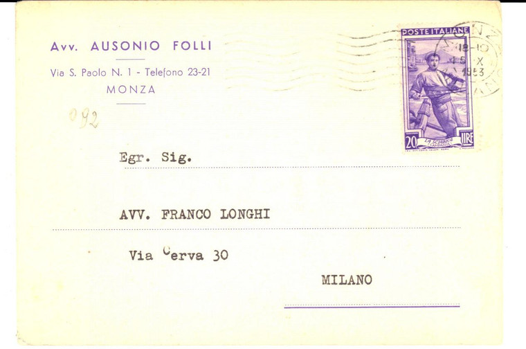 1953 MONZA Avv. Ausonio FOLLI - Cartolina intestata a Franco LONGHI FG VG