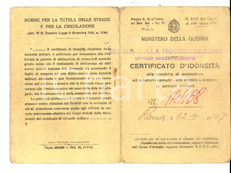 1947 ROMA SCUOLA DELLA MOTORIZZAZIONE Certificato idoneità guida autocarro 