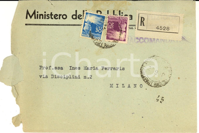 1948 STORIA POSTALE Ministero Pubblica Istruzione *Busta L. 20+ 30 Democratica 