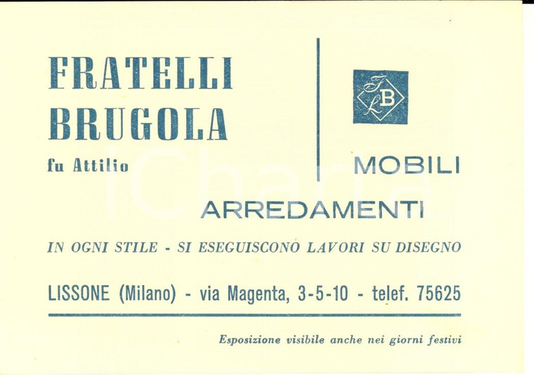 1950 ca LISSONE Ditta FRATELLI BRUGOLA Mobili *Biglietto pubblicitario