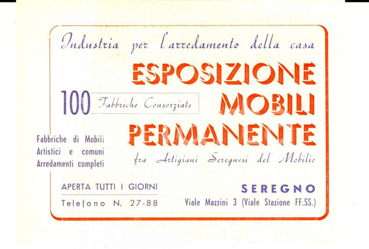 1955 ca SEREGNO Esposizione mobili 100 fabbriche *Biglietto pubblicitario