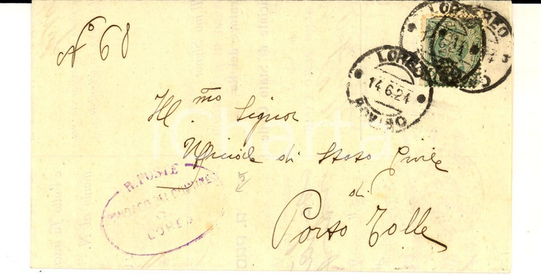 1924 STORIA POSTALE Piego comunale 5 cent. LOREO per PORTO TOLLE