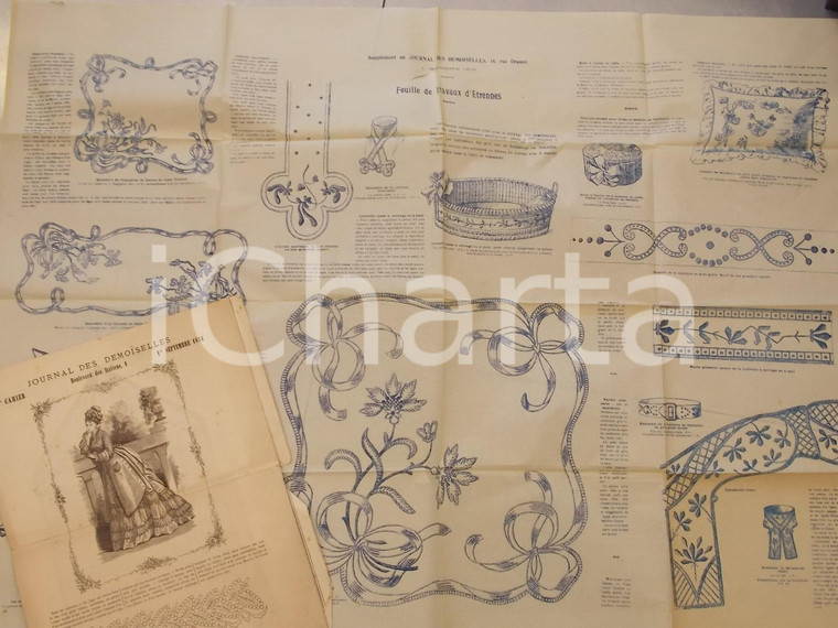 1874 MODE JOURNAL DES DEMOISELLES Travaux d'Etrennes *Tavola 60x90 cm