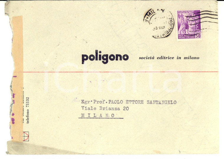 1945 MILANO Editrice POLIGONO Busta affrancata RSI 50 cent. monumenti distrutti 