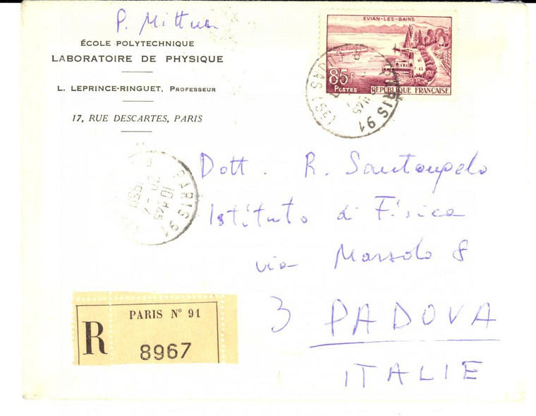 1959 PARIS Ecole Polytechnique -  Busta raccomandata 85F EVIAN-LES-BAINS