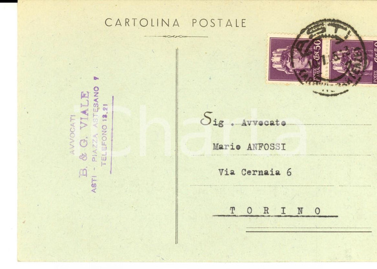 1945 STORIA POSTALE LUOGOTENENZA ASTI Cartolina avv. VIALE imperiale senza fasci