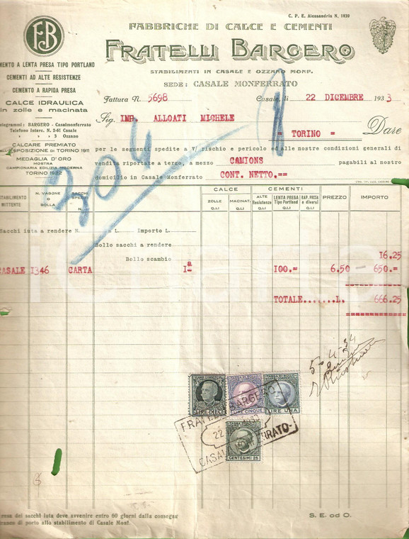 1934 CASALE MONFERRATO Fratelli BARGERO Fabbrica calce e cementi *Fattura 22x27