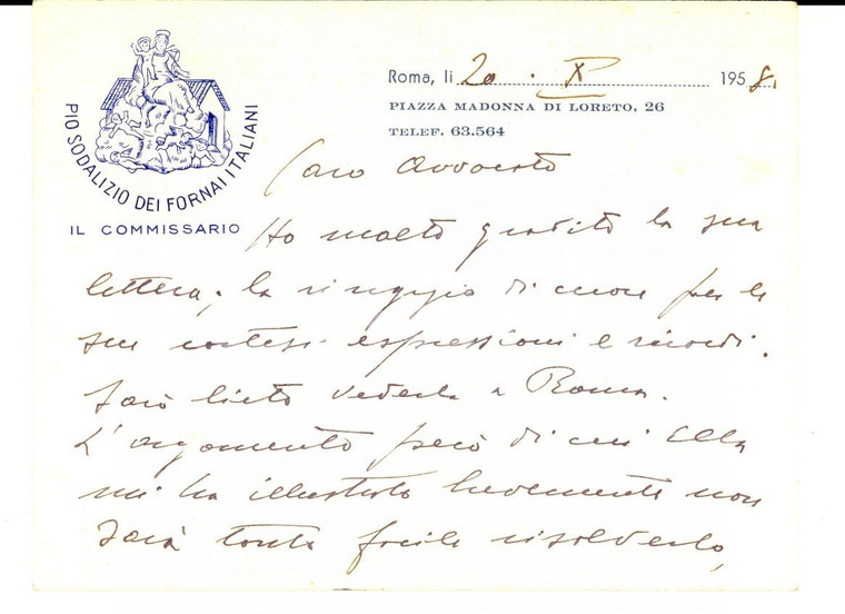 1958 ROMA Ringraziamenti commissario Pio Sodalizio dei FORNAI ITALIANI Biglietto