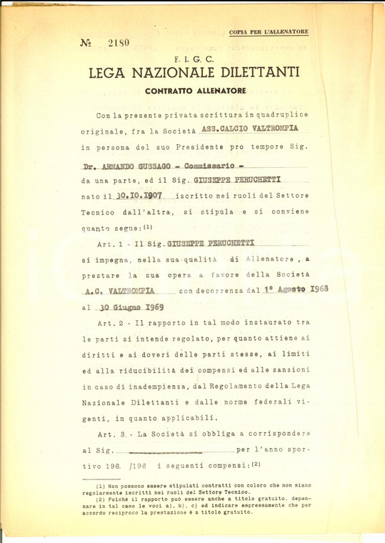 1968 FIGC CALCIO Contratto Giuseppe PERUCCHETTI allenatore A. C. VALTROMPIA