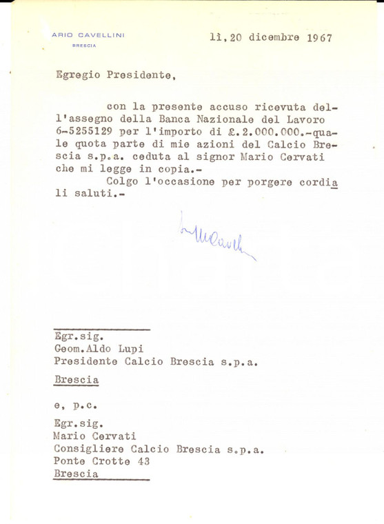 1967 BRESCIA CALCIO Lettera di Mario CAVELLINI per ricevuta *Autografo