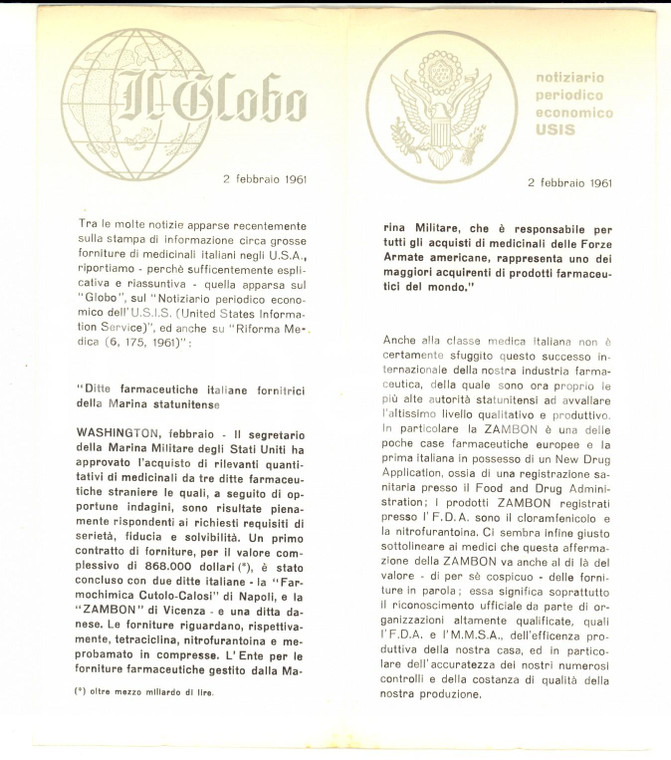 1961 Farmaceutica ZAMBON in possesso di NEW DRUG APPLICATION *Pubblicitario