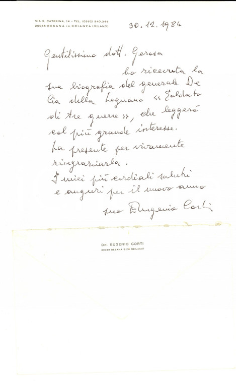 1984 LODI Scrittore Eugenio CORTI ringrazia per un volume ricevuto *Autografo