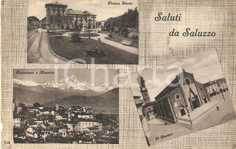 1945 SALUZZO (CN) Vedutine con Piazza Dante DUOMO e Monviso *Cartolina FP VG