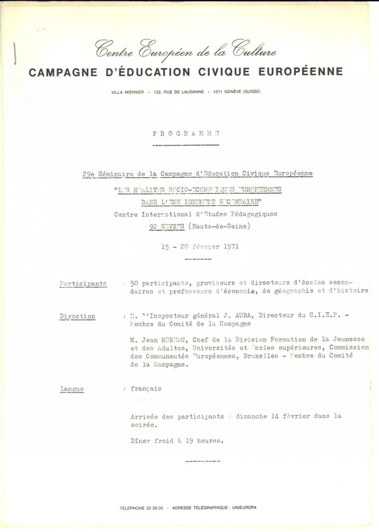 1971 SEVRES Programme 29e Séminaire Campagne Education Civique Européenne