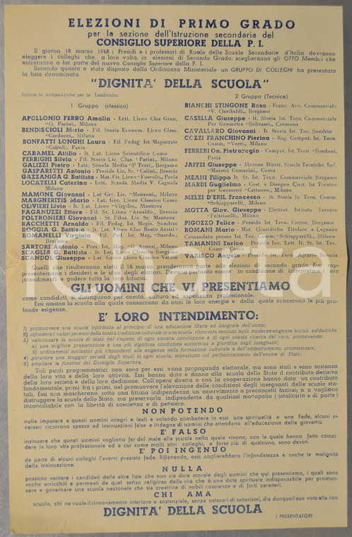 1948 Elezioni Consiglio PUBBLICA ISTRUZIONE Volantino lista DIGNITÀ DELLA SCUOLA