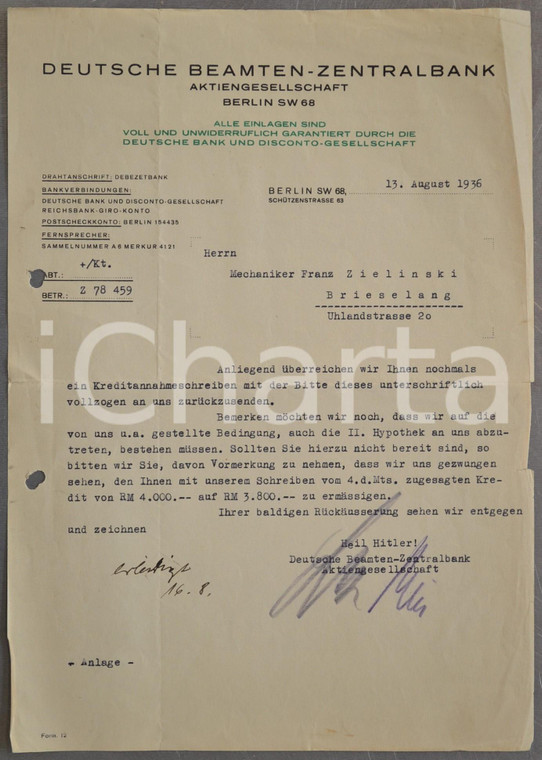 1936 BERLIN DEUTSCHE BEAMTEN-ZENTRALBANK Lettera commerciale a un cliente