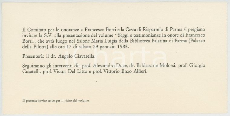 1983 PARMA Comitato onoranze a Francesco BORRI - Invito presentazione volume