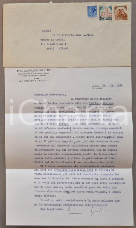 1981 MILANO Prof. Giovanni GIRALDI critica LOMBARDO RADICE *AUTOGRAFO