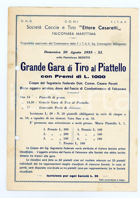 1933 FITAV CONI FALCONARA MARITTIMA Programma gara TIRO AL PIATTELLO