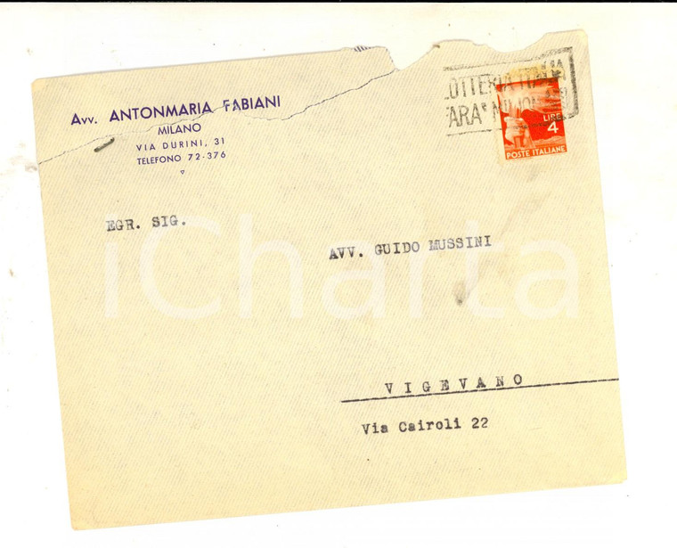 1947 STORIA POSTALE MILANO Busta Antonmaria FABIANI L.4 + timbro LOTTERIA ITALIA