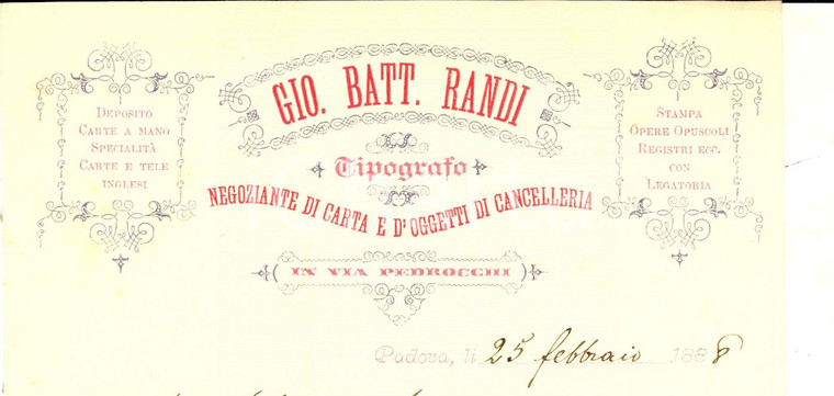 1888 PADOVA Tipografo Giovanni Battista RANDI Negoziante carta Fattura intestata