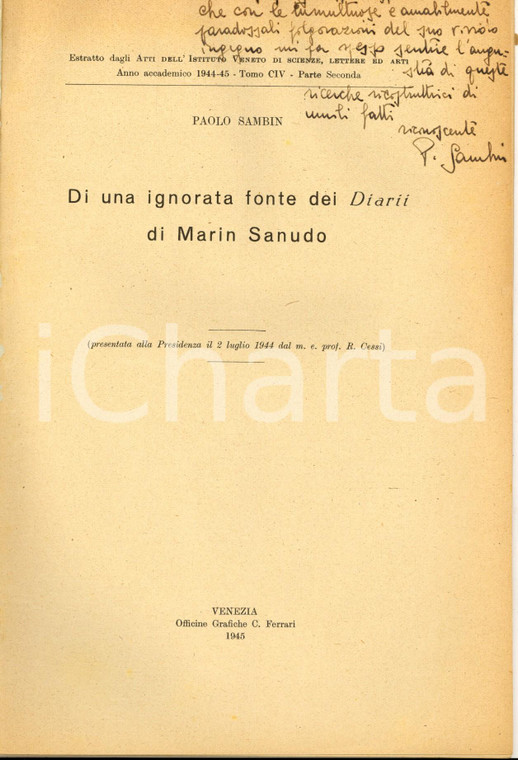 1945 Paolo SAMBIN Una ignorata fonte dei Diarii di Marin Sanudo *Invio AUTOGRAFO