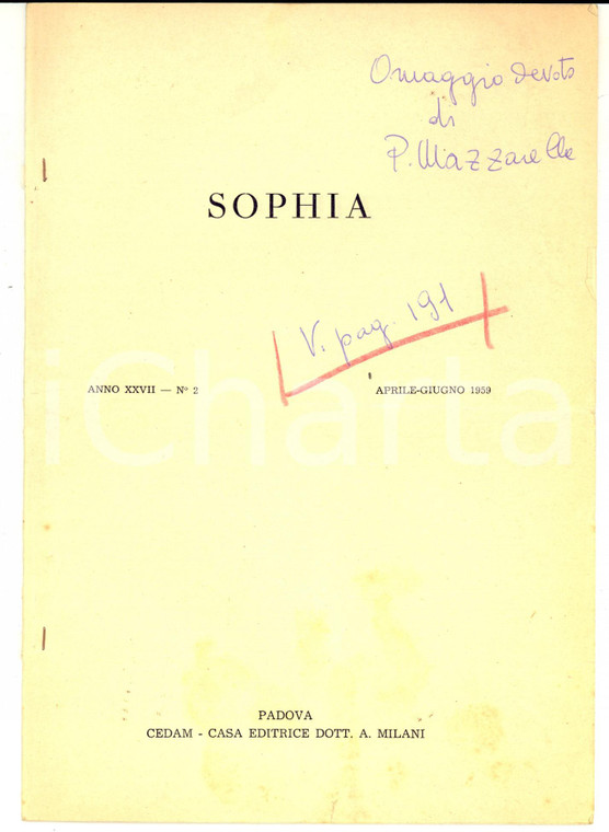 1959 Pasquale MAZZARELLA Due libri neoscolastici *Ed. CEDAM Invio AUTOGRAFO