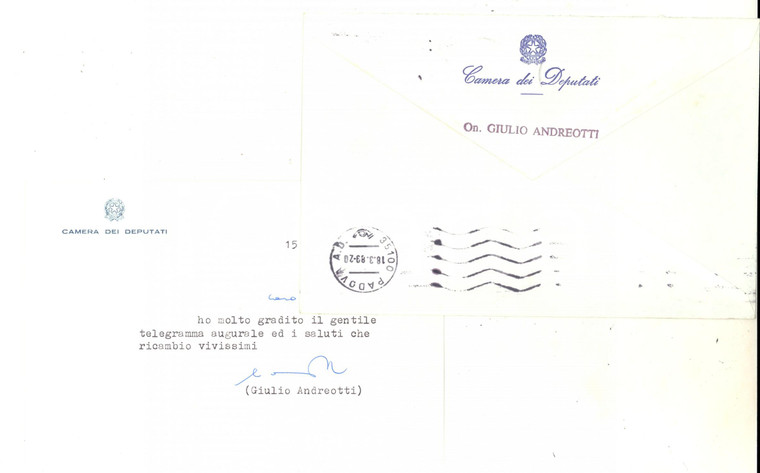 1989 ROMA Giulio ANDREOTTI ringrazia per telegramma augurale *AUTOGRAFO