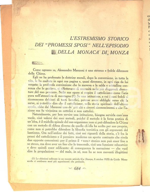 1930 Emilio ZANETTE L'estremismo storico dei "Promessi sposi" - Invio AUTOGRAFO