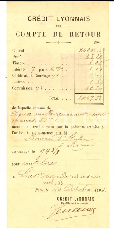 1895 PARIS CREDIT LYONNAIS Compte de retour - Banca d'Italia *Bolli