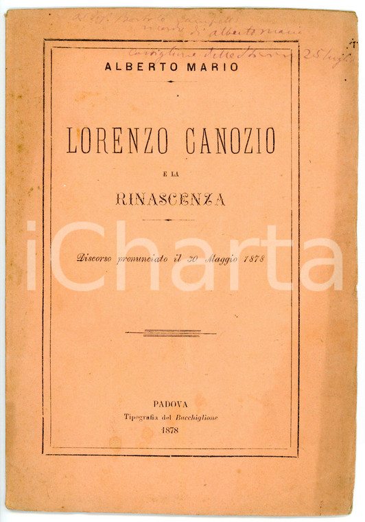 1878 Alberto MARIO Lorenzo Canozio e la Rinascenza - Discorso *Pubblicazione