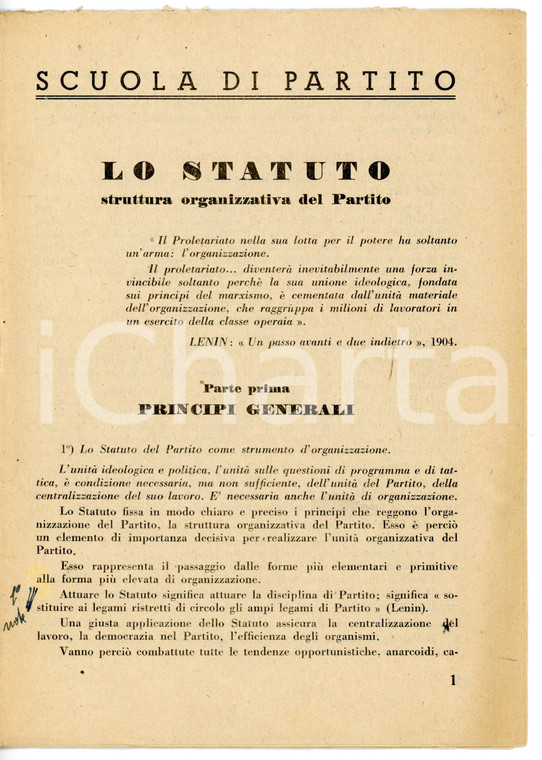 1950 ca PARTITO COMUNISTA ITALIANO Scuola di Partito - Lo statuto *Pubblicazione