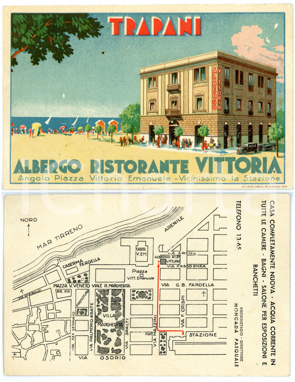 1960 ca TRAPANI Piazza VITTORIO EMANUELE Albergo VITTORIA *Biglietto ILLUSTRATO