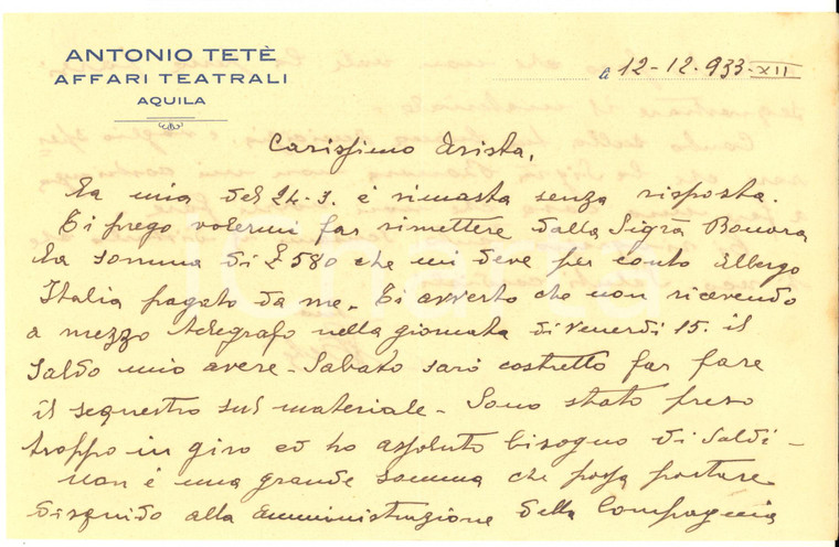 1933 L'AQUILA Lettera Antonio TETE' per saldo albergo non pagato da Nella BONORA
