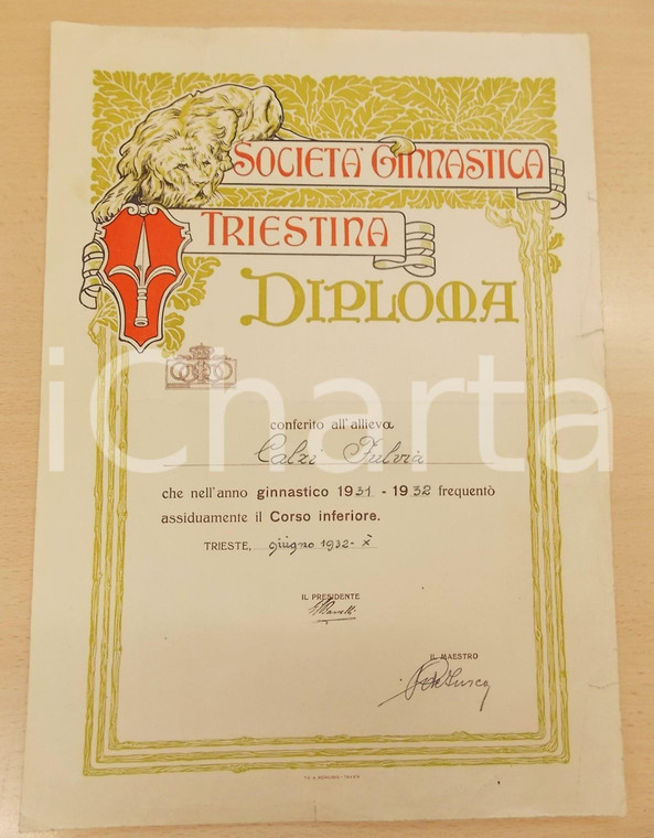 1932 TRIESTE Società Ginnastica Triestina - Diploma Fulvia CALZI 25x35 cm