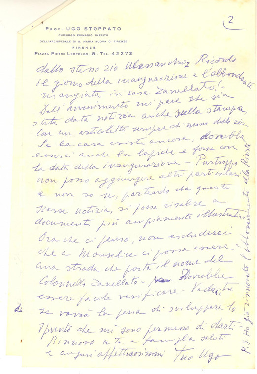 1968 FIRENZE Lettera prof. Ugo STOPPATO su ricordi di Padova - AUTOGRAFO