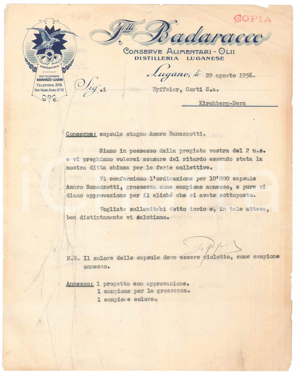 1956 LUGANO F.lli BADARACCO Capsule stagno Amaro RAMAZZOTTI *Lettera commerciale