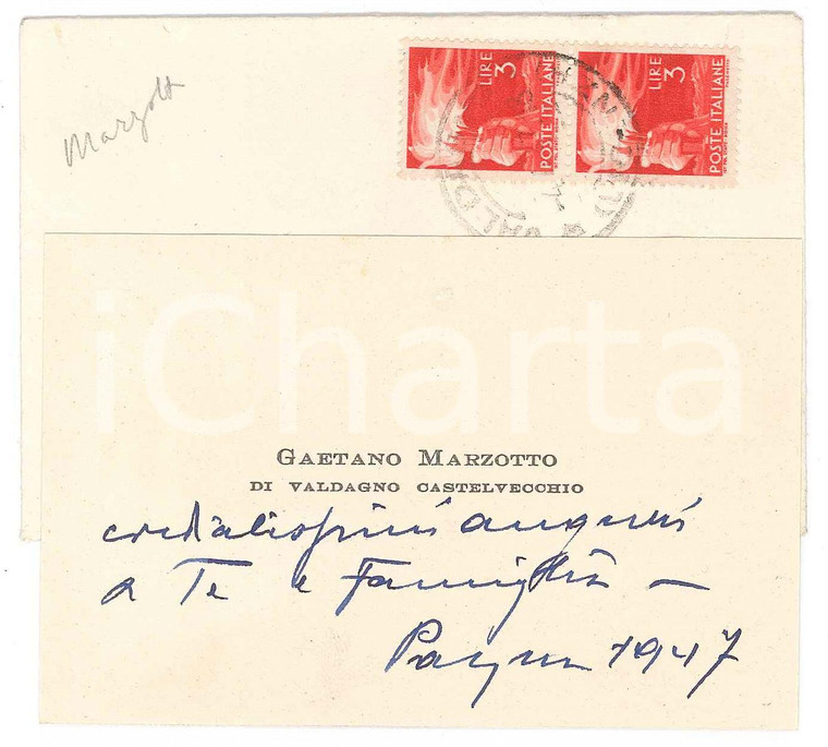 Pasqua 1947 VALDAGNO Biglietto Gaetano MARZOTTO per auguri - AUTOGRAFO