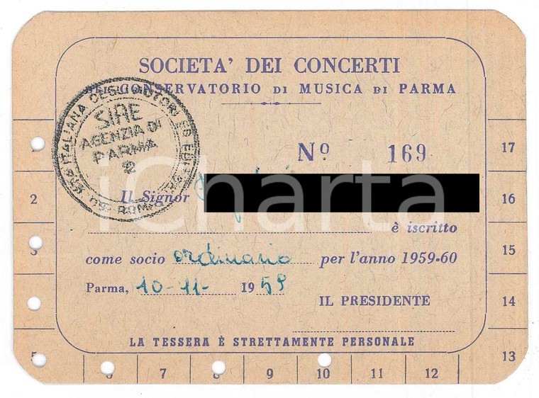 1959 PARMA Conservatorio di musica - Società dei concerti - Tessera 11x8 cm