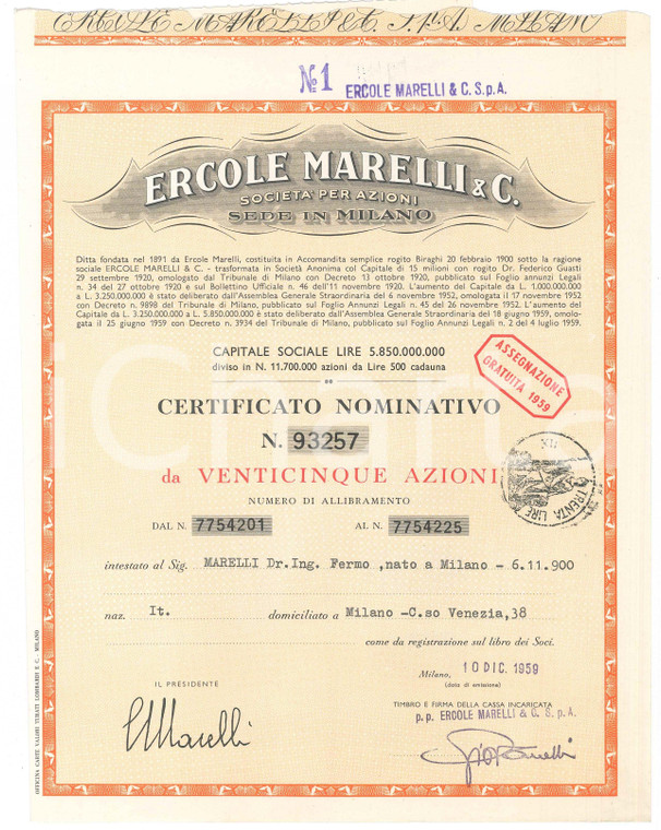 1959 MILANO Ercole MARELLI & C. - Certificato azionario da venticinque azioni