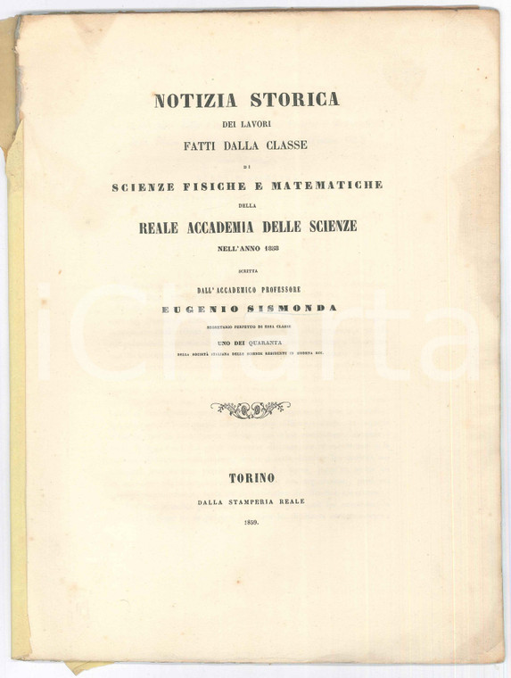 1859 TORINO Eugenio SISMONDA - Lavori Reale Accademia delle Scienze *27 pp.