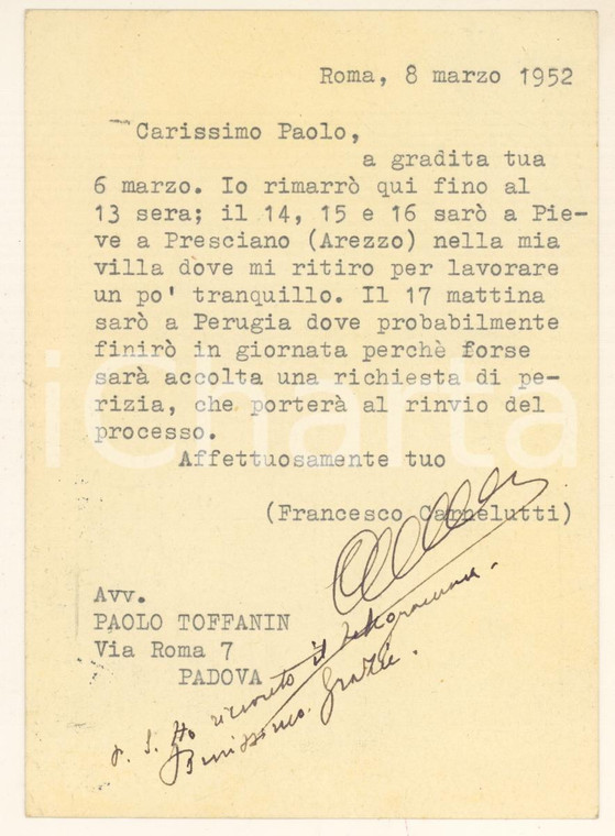 1952 MILANO Francesco CARNELUTTI in villa per lavorare tranquillo - AUTOGRAFO