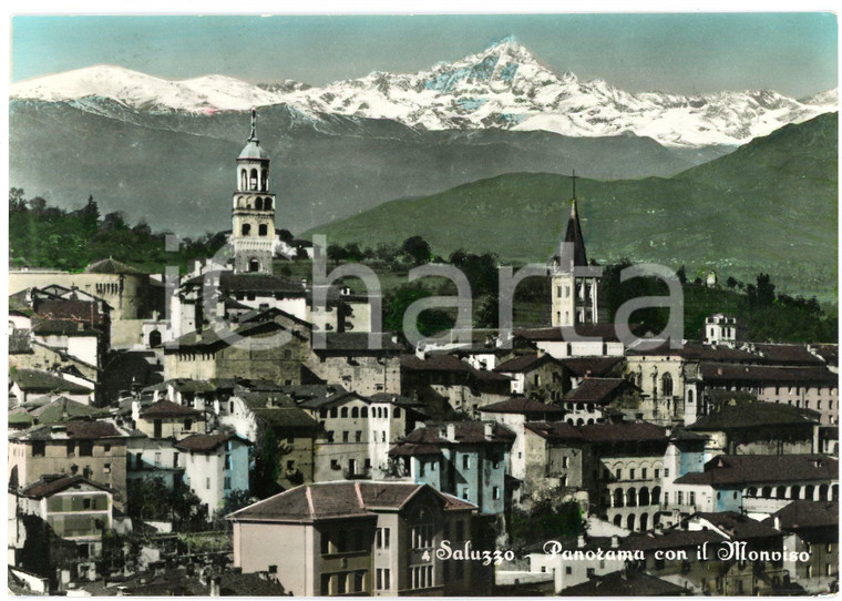 1950 ca SALUZZO (CN) Panorama con il Monviso sullo sfondo - Cartolina FG