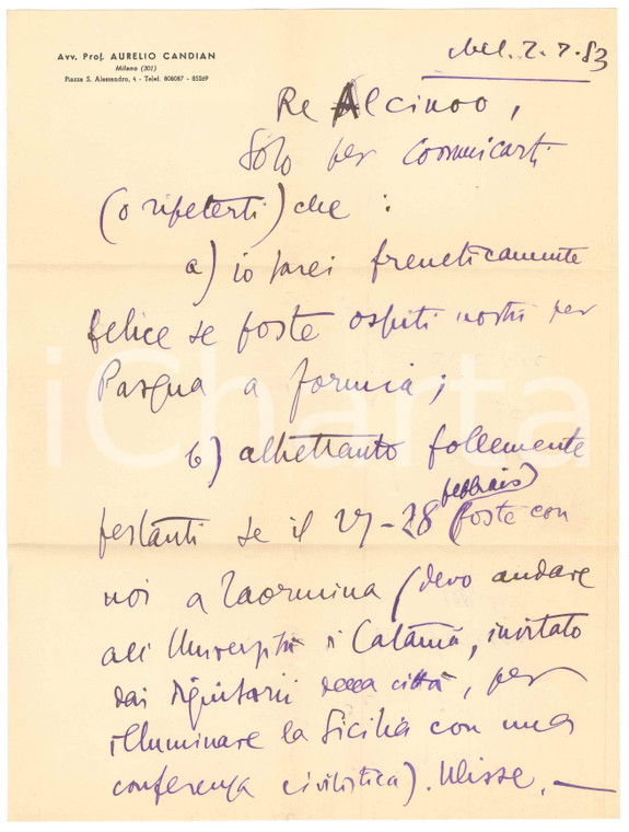 1953 MILANO Lettera Aurelio CANDIAN per invito a un amico - Autografo