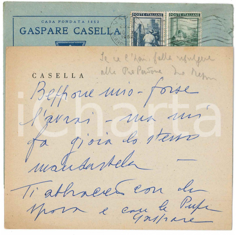 1952 NAPOLI Biglietto Gaspare CASELLA a un amico - Autografo