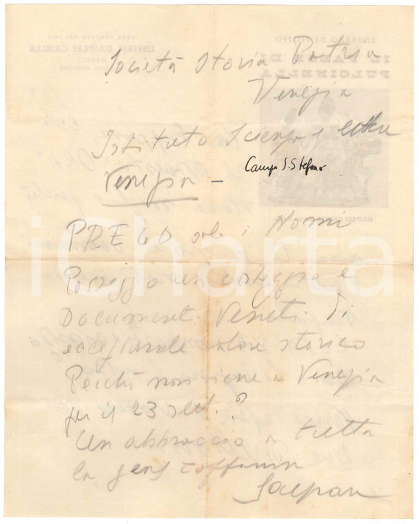 1960 ca NAPOLI Lettera Gaspare CASELLA su documenti veneti di valore *Autografo