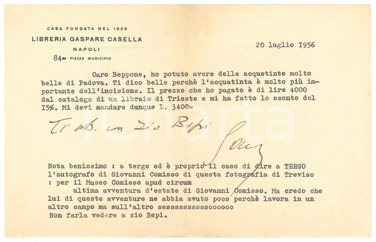 1956 NAPOLI Libraio Gaspare CASELLA su vendita di acquetinte *Autografo