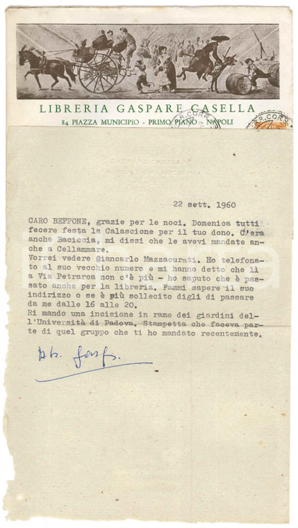 1960 NAPOLI Gaspare CASELLA in cerca di Giancarlo MAZZACURATI *Autografo